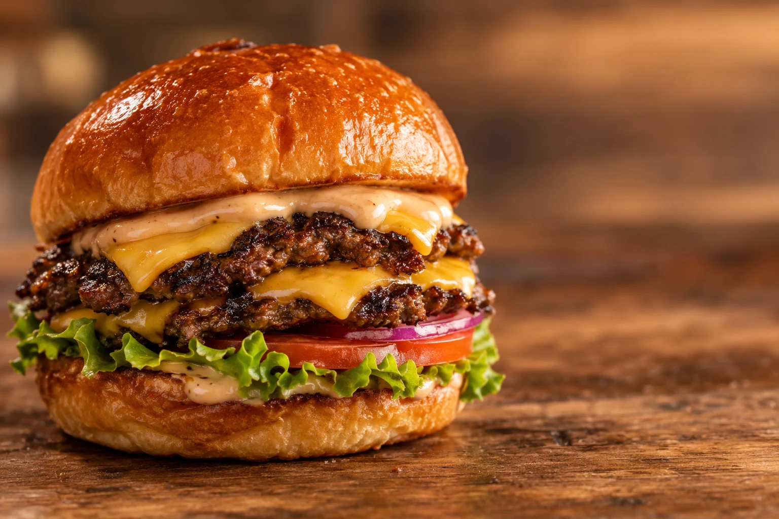 A double smashburger on a wooden table