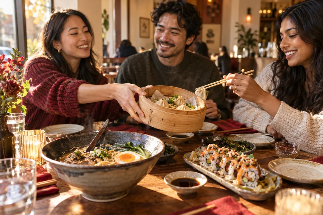 An illustrative scene of three friends sharing ramen, dumplings and sushi at a neighborhood restaurant