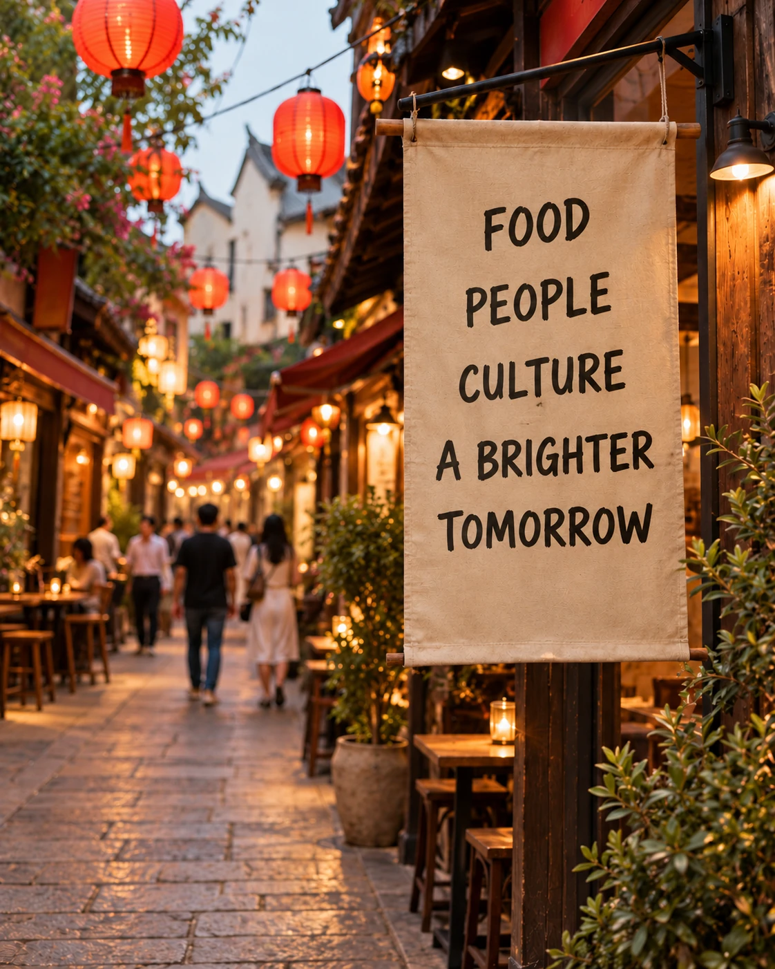 A warm lantern-lit food street