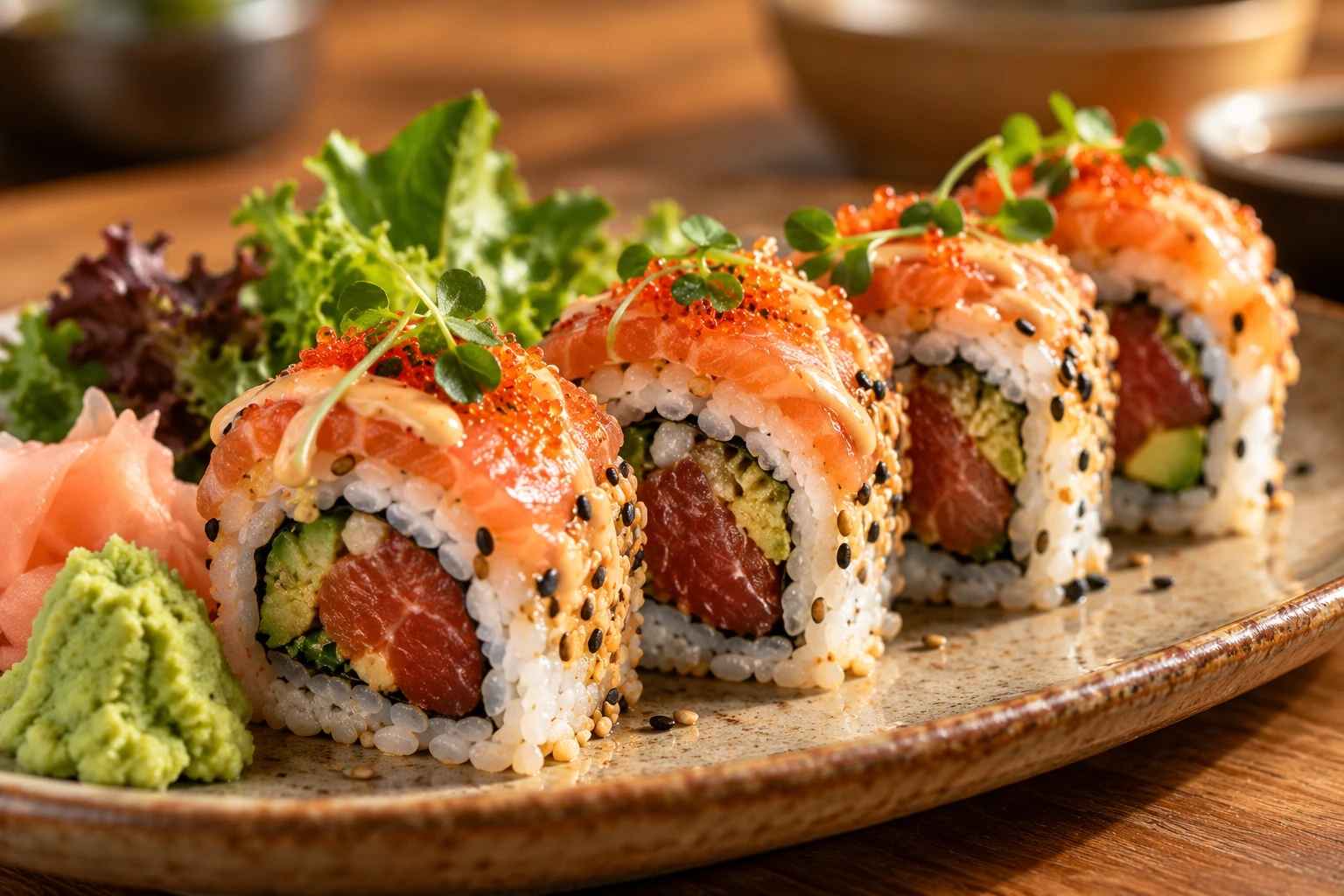 Salmon and tuna rolls with sesame and fresh greens